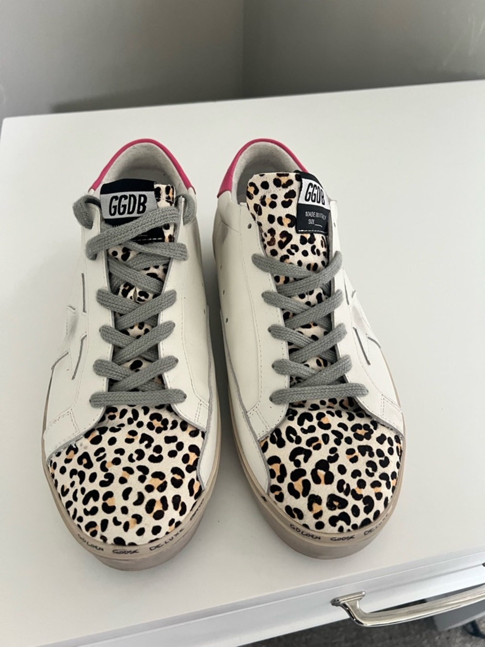 Golden Goose Women's White Sneakers with Leopard Print and Pink Heel